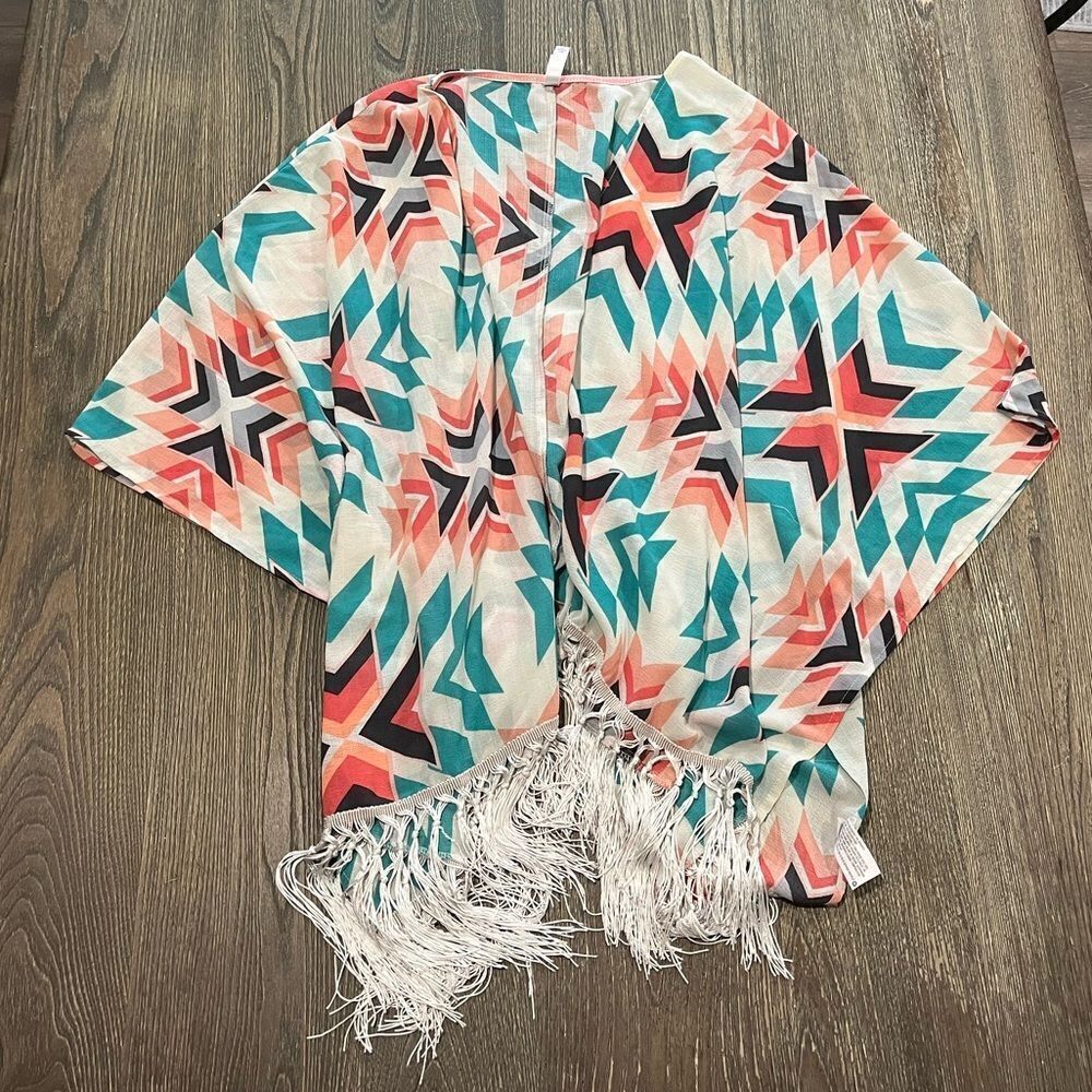 Xhilaration Kimono Top Open Front Lightweight Geometric Print Green Size S/M